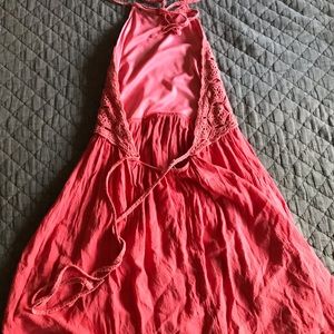 coral, backless, flowy sundress